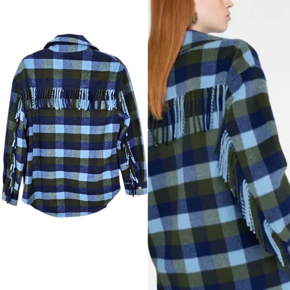 NWT J Joie Plaid Fringe Trim Shacket Button Dwon Jacket Size M Blue Olive